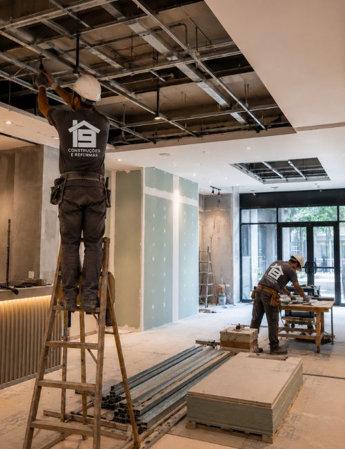 Profissional com uniforme da Inove Construções e Reformas em cima de escada instalando estrutura metálica de forro e drywall em ambiente comercial amplo, outro colega trabalhando em bancada ao fundo, canteiro organizado, fotografia realista de reforma comercial