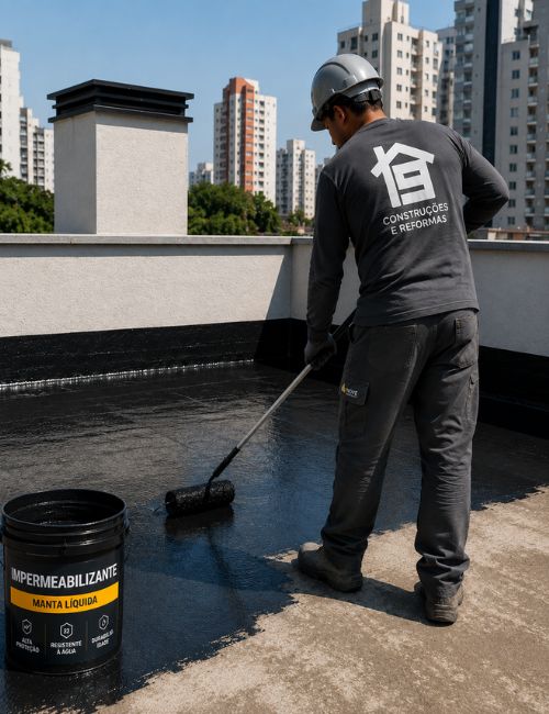 Profissional com uniforme da Inove Construções e Reformas aplicando manta líquida impermeabilizante em laje de cobertura com rolo, balde de impermeabilizante ao lado, prédios ao fundo sob céu azul, fotografia realista de sistema de impermeabilização