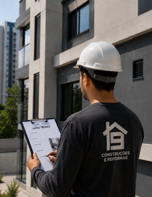 Profissional com capacete de segurança e uniforme da Inove Construções e Reformas realizando vistoria técnica e preenchendo laudo em prancheta em frente à fachada de prédio, edifícios ao fundo, fotografia realista de vistoria predial