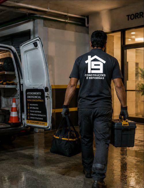 Profissional da Inove Construções e Reformas carregando bolsa de ferramentas e caixa de equipamentos ao lado de van de manutenção predial para condomínios, uniforme escuro com nova logo da empresa, ambiente de garagem à noite, fotografia realista de manutenção predial